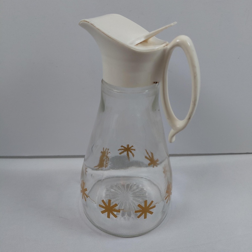 Vintage Log Cabin Syrup Pitcher Glass Dispenser Gold Atomic Starburst